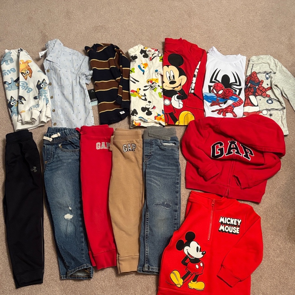 Bundle of boys gap, Mickey Mouse, Spider-Man, jeans